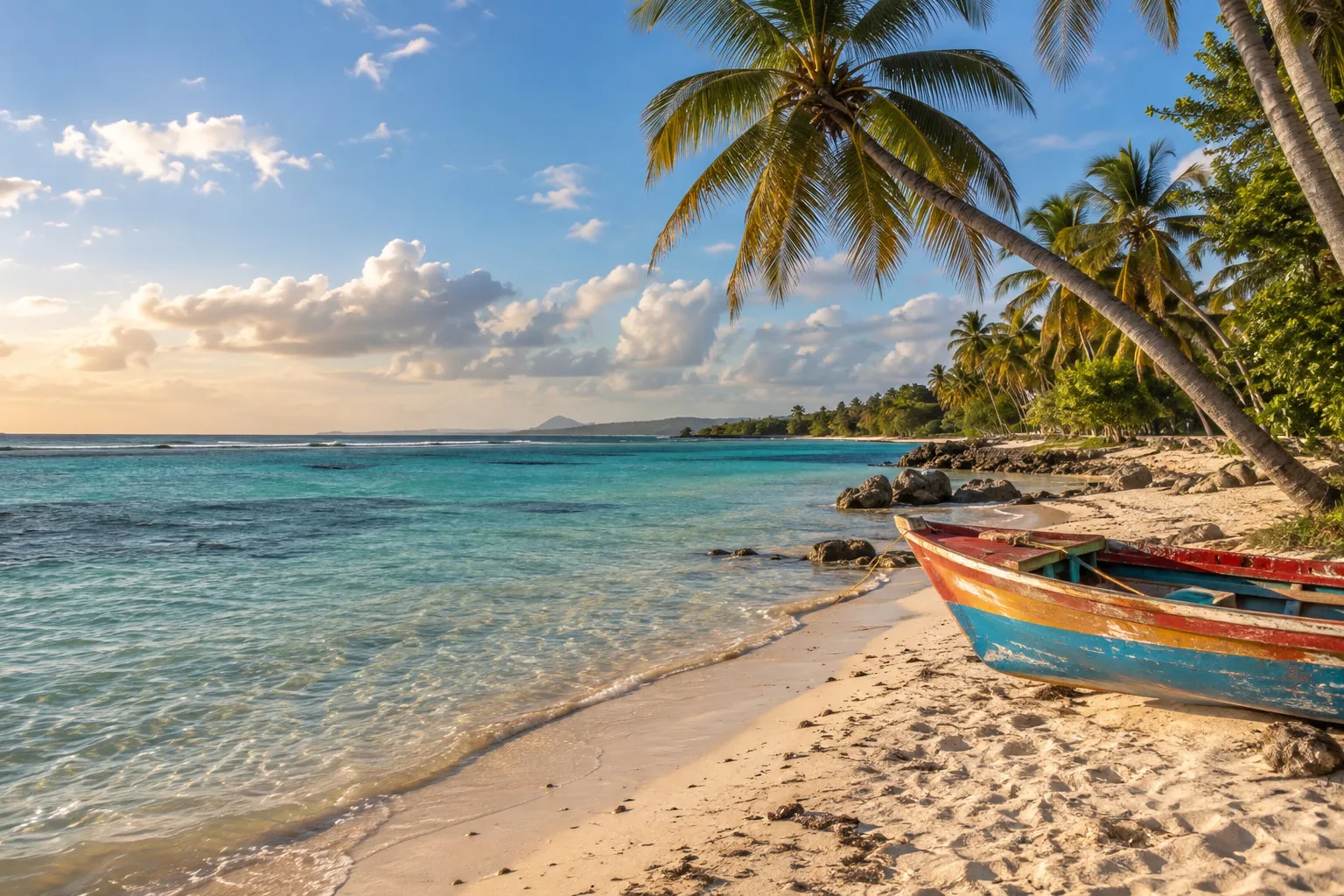 Plage de sable blanc avec cocotiers, lagon turquoise et barque de pêche colorée, illustration générée par IA