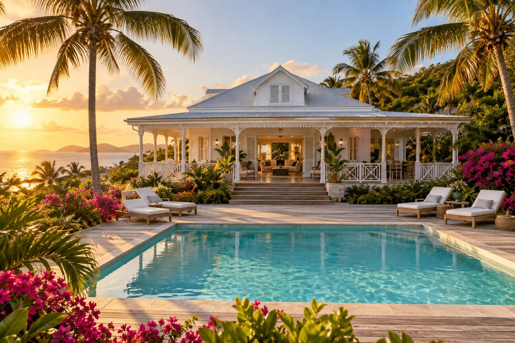 Villa créole blanche avec terrasse, piscine et palmiers au coucher du soleil, illustration générée par IA